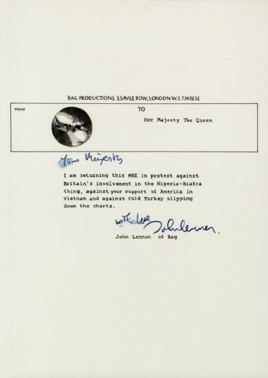 Main image of the artwork Art is a lie that makes us see the truth. Lennon´s letter to the Queen instead of the £345M letter from the Queen